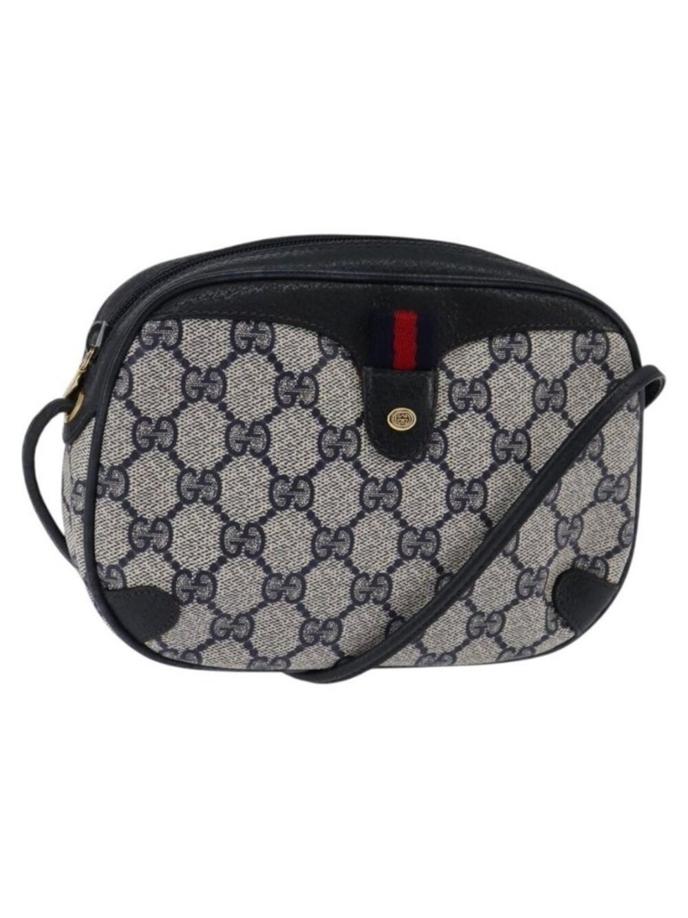 Authentic GUCCI GG Supreme Sherry Line Shoulder Bag PVC Navy Gold 89 02 066